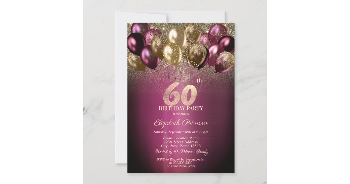 Burgundy Balloons Glitter 60th Birthday Invitation | Zazzle