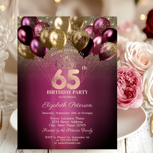 Burgundy Balloons Glitter 65th Birthday Invitation (Creator Uploaded)