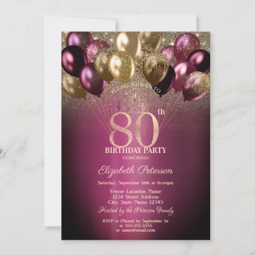 Burgundy Balloons Glitter 80th Birthday Invitation