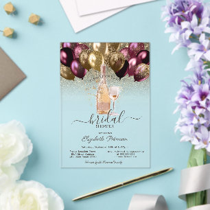 Burgundy Balloons Wine Set Glitter Bridal Shower Acrylic Invitations