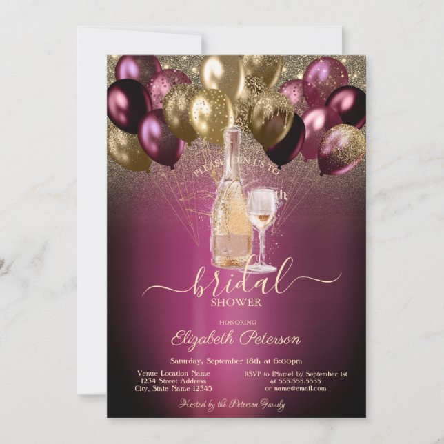 Burgundy Balloons Wine Set Glitter Bridal Shower Invitation (Front)