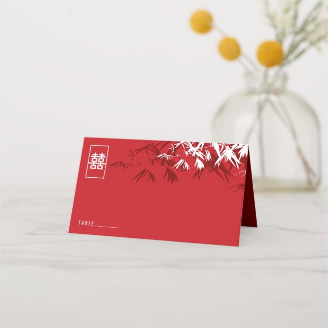 Burgundy Bamboo Leaves Double Xi Chinese Wedding Place Card (Front)