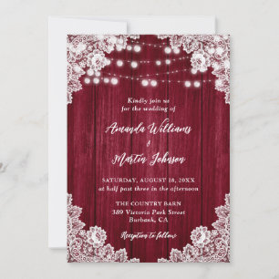 Burgundy Barn Wood Lace String Lights Wedding Invitation