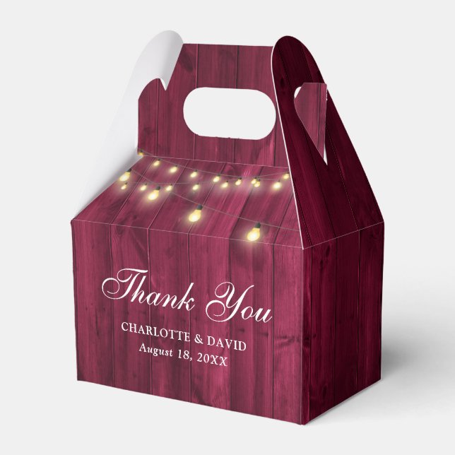 Burgundy Barn Wood String Lights Wedding Favor Boxes (Front Side)