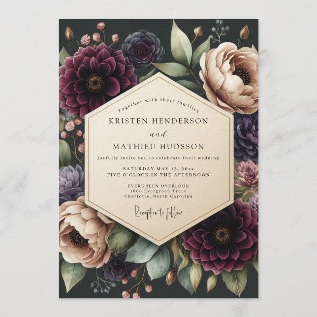 Burgundy Baroque Floral Wedding Invitation (Front)