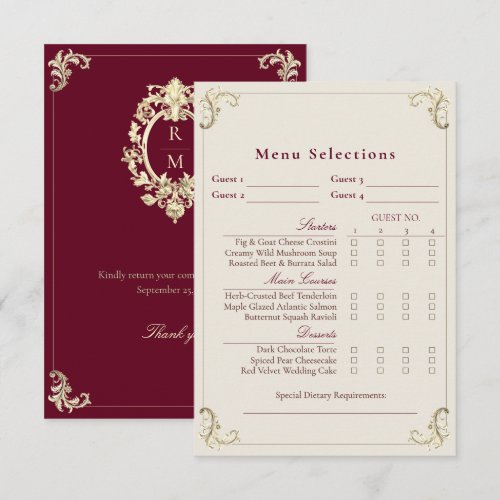 Burgundy Baroque Wedding Menu Selection Card