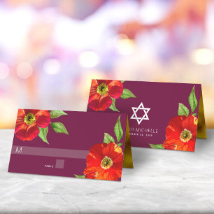Burgundy Bat Mitzvah Bold Floral Watercolor Modern Place Card