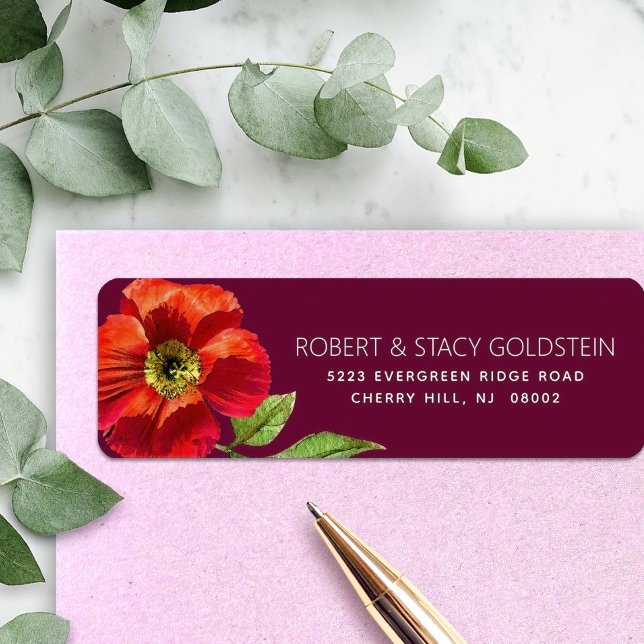 Burgundy Bat Mitzvah Floral Modern Return Address Label (Creator Uploaded)