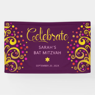 Burgundy Bat Mitzvah Gold Foil Script Tree of Life Banner