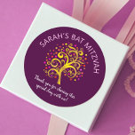Burgundy Bat Mitzvah Gold Foil Tree of Life Modern Classic Round Sticker<br><div class="desc">Be proud, rejoice and showcase this milestone of your favorite Bat Mitzvah! Use this fun, sophisticated, personalized sticker to add to her special day. A stunning, graphic faux gold foil tree with sparkly pink, orange, and red Star of David and dot “leaves” overlays a rich purple burgundy background. Personalize the...</div>