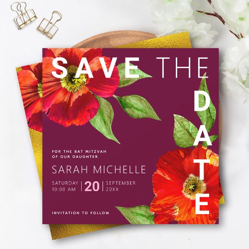 Burgundy Bat Mitzvah Red Floral Watercolor Modern Save The Date