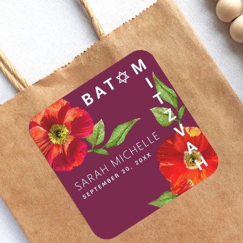 Burgundy Bat Mitzvah Red Floral Watercolor Modern  Square Sticker