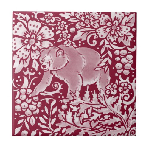 Burgundy Bear Woodland Forest Animal Floral  Ceramic Tile