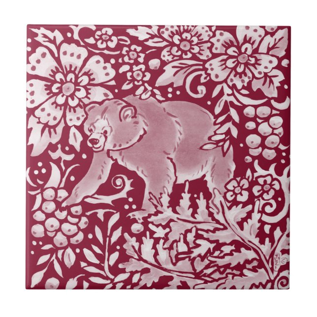 Burgundy Bear Woodland Forest Animal Floral  Ceramic Tile (Front)