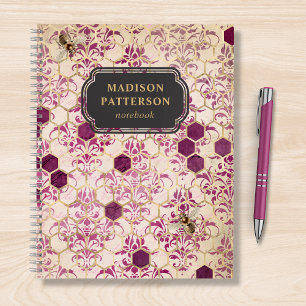Burgundy Bee Damask Girly Chic Modern Name Notebook