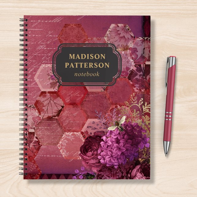 Burgundy Bee Damask Girly Chic Modern Name Notebook (Creator Uploaded)