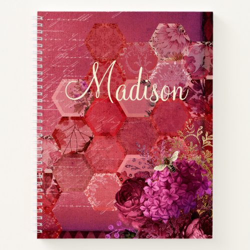 Burgundy Bee Floral Girly Chic Modern Name Notebook