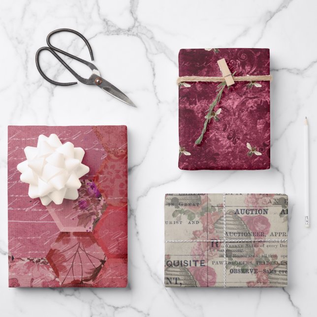Burgundy Bee Series Design Five Wrapping Paper Sheets (Front)