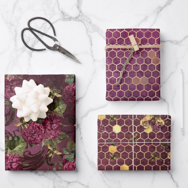 Burgundy Bee Series Design One Wrapping Paper Sheets (Front)