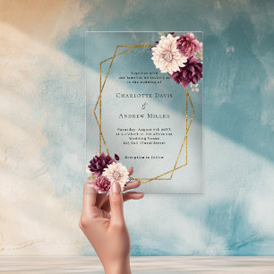 Burgundy beige florals geometric clear wedding acrylic invitations