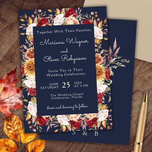 Burgundy Beige Navy Blue Fall Floral Wedding Invitation