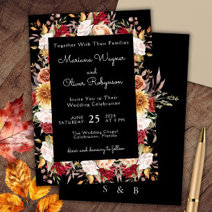 Burgundy Beige on Black Fall Floral Wedding Invitation
