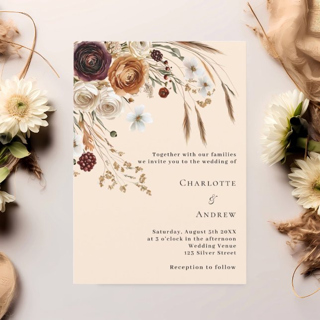 Burgundy beige pampas florals luxury wedding invitation (Creator Uploaded)
