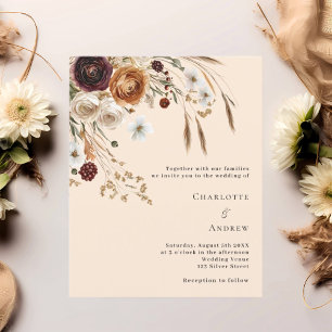 Burgundy beige pampas florals wedding invitation