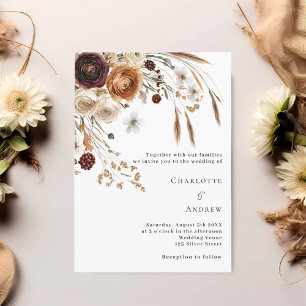 Burgundy beige pampas florals wedding invitation