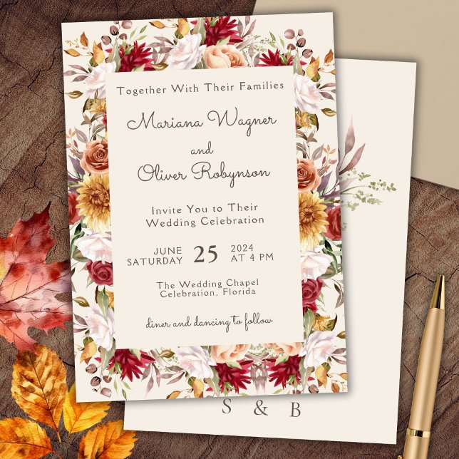 Burgundy Beige Romantic Floral Wedding Invitation (Creator Uploaded)