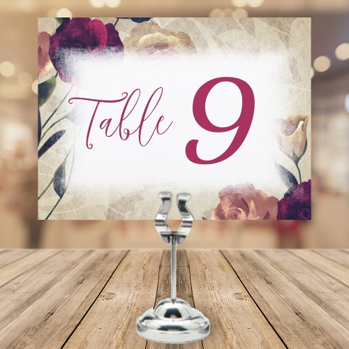 Burgundy  Beige Roses Wedding Table Number Sign