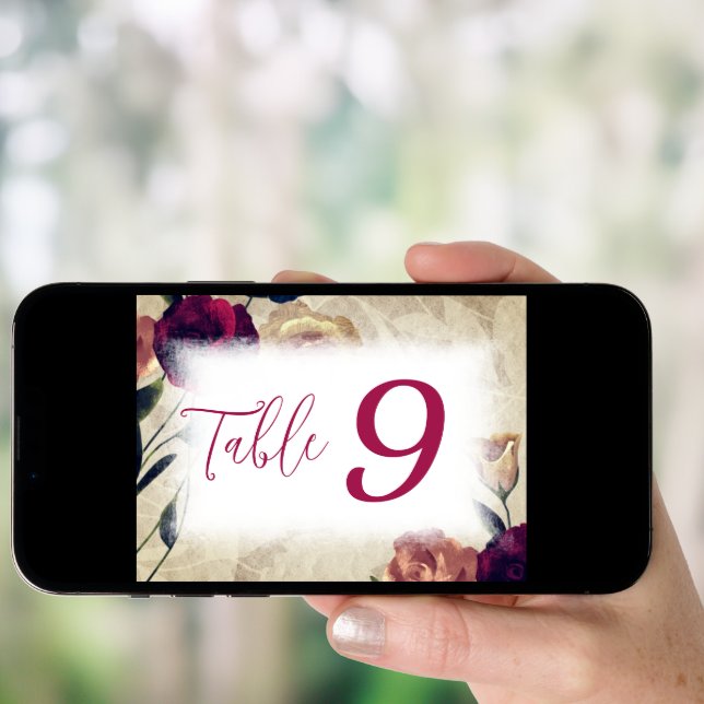 Burgundy & Beige Roses Wedding Table Number Sign (Front Digital)