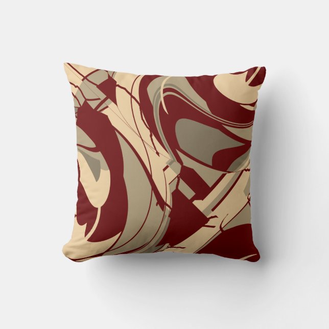 Burgundy Beige Taupe Flowing Floral Art Design Throw Pillow (Front)