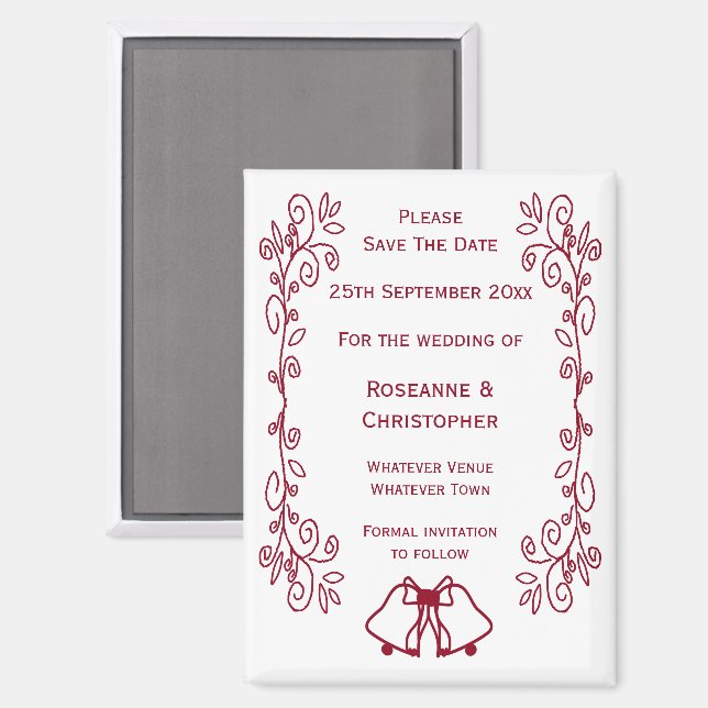 Burgundy Bells Scrollwork Wedding Save The Date Magnet (Front/Back)