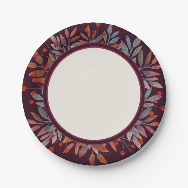 Burgundy Berries & Teal Green Leaves Ivory Paper Plates (Front)