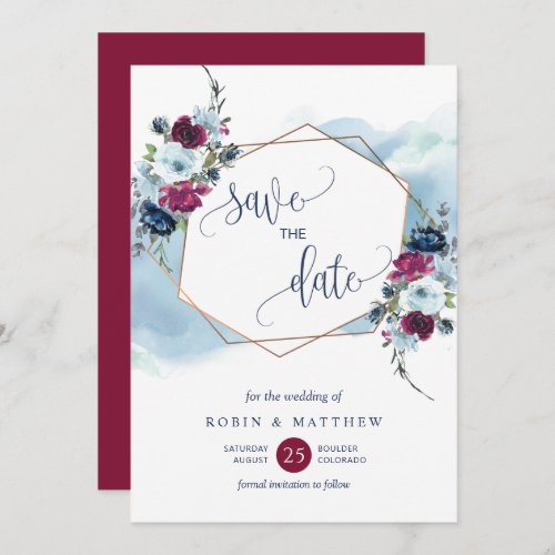 Burgundy Berry and Blue Floral Wedding Save The Date