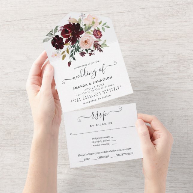 Burgundy Berry and Blush Floral All In One Invitation (Tearaway)
