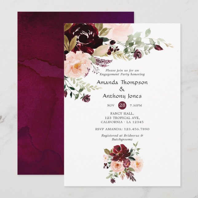 Burgundy Berry and Blush Floral Engagement Party Invitation (Front/Back)