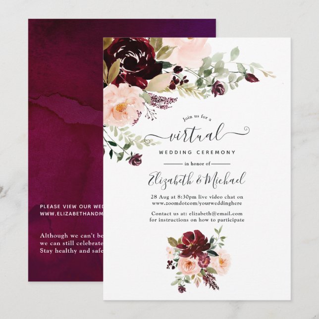 Burgundy Berry and Blush Floral Virtual Wedding Invitation (Front/Back)