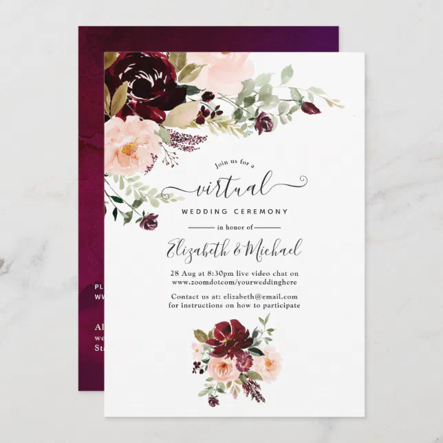 Burgundy Berry and Blush Floral Virtual Wedding Invitation | Zazzle