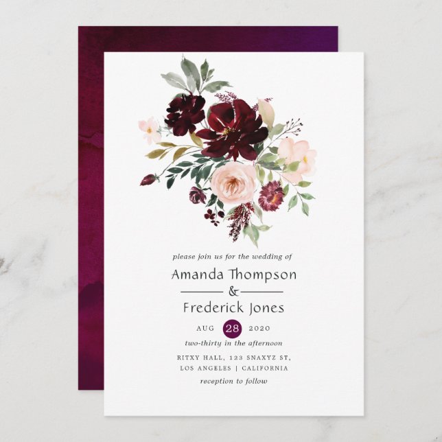 Burgundy Berry and Blush Floral Wedding Invitation (Front/Back)