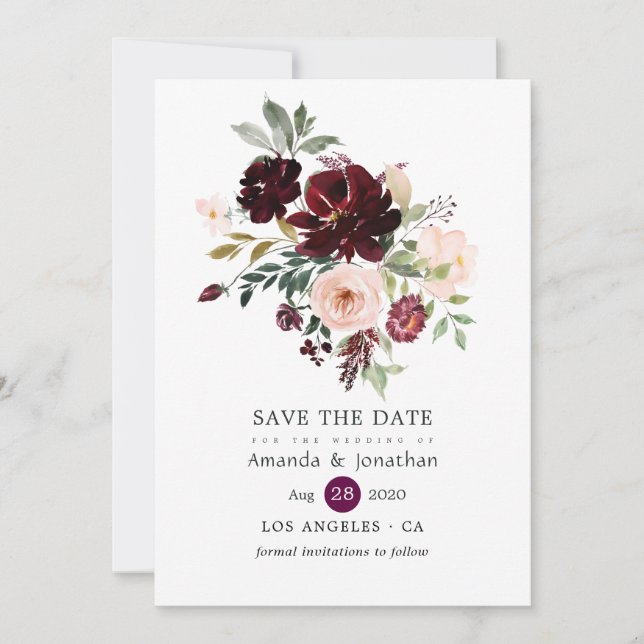 Burgundy Berry and Blush Floral Wedding Save The Date (Front)