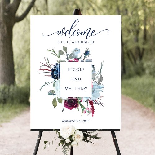 Burgundy Berry  Blue Wedding Welcome Sign