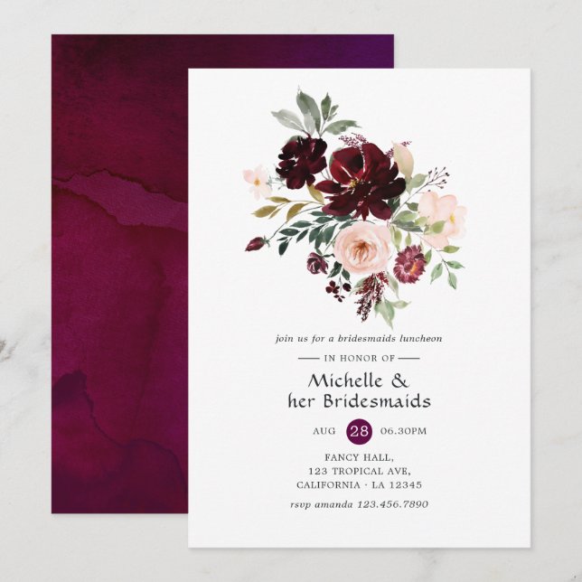 Burgundy Berry & Blush Floral Bridesmaids Luncheon Invitation (Front/Back)