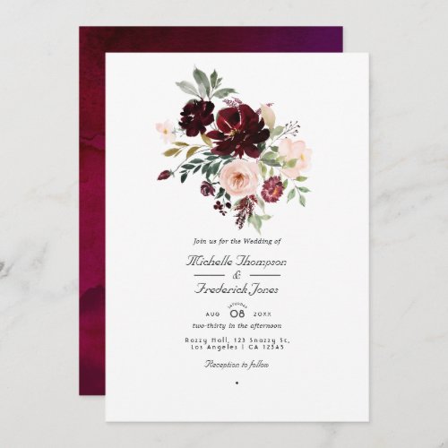 Burgundy Berry  Blush Floral QR Code RSVP Wedding Invitation