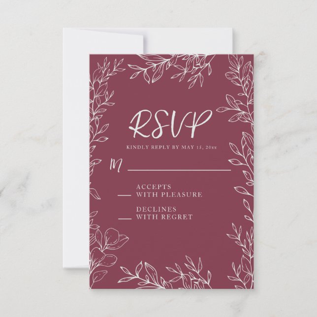 Burgundy Berry Botanical Line Art Wedding  RSVP Card (Front)