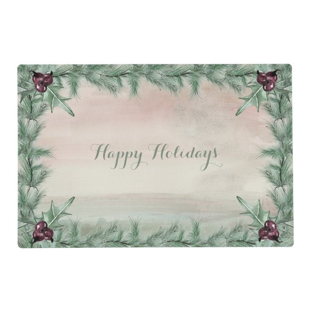 Burgundy Berry Holly Berry Pine Laminaed Placement Placemat (Front)