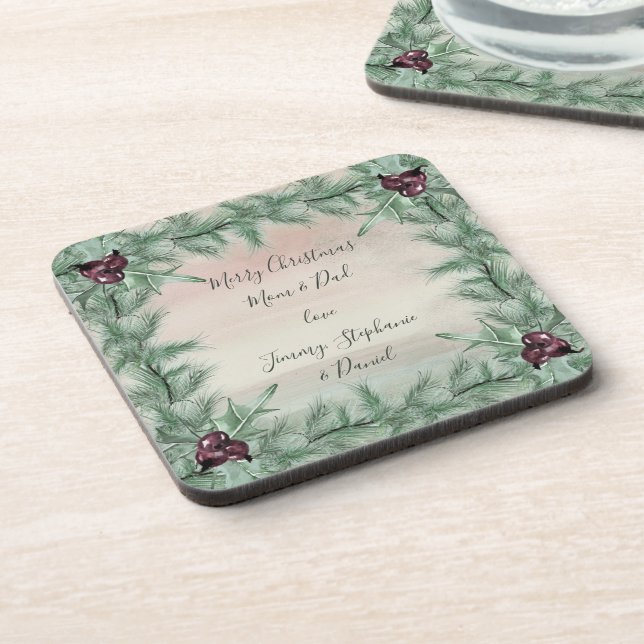 Burgundy Berry Holly Pine Christmas Beverage Coaster (Left Side)