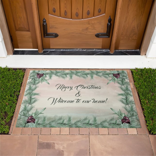 Burgundy Berry Holly Pine Christmas Doormat (Outdoor)