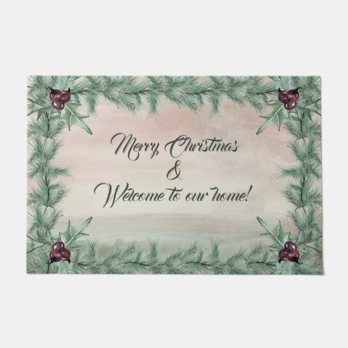 Burgundy Berry Holly Pine Christmas Doormat